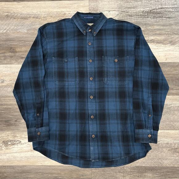 Duluth Trading Blue‎ Black Tartan Plaid Mens L Button Down Flannel Work Shirt - Picture 2 of 9